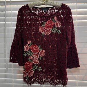 Karen Kane bell sleeve lace burgundy blouse with roses appliques; Size M